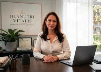 Leyla Alpaca, bióloga peruana, en su despacho junto al logotipo de Olanutri Vitalis