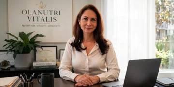 Leyla Alpaca, bióloga peruana, en su despacho junto al logotipo de Olanutri Vitalis