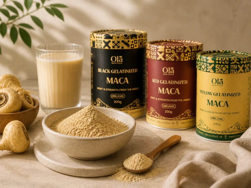 Producten van Olā Nutri Vitalis, het merk met Andes-superfoods van Leyla Alpaca.