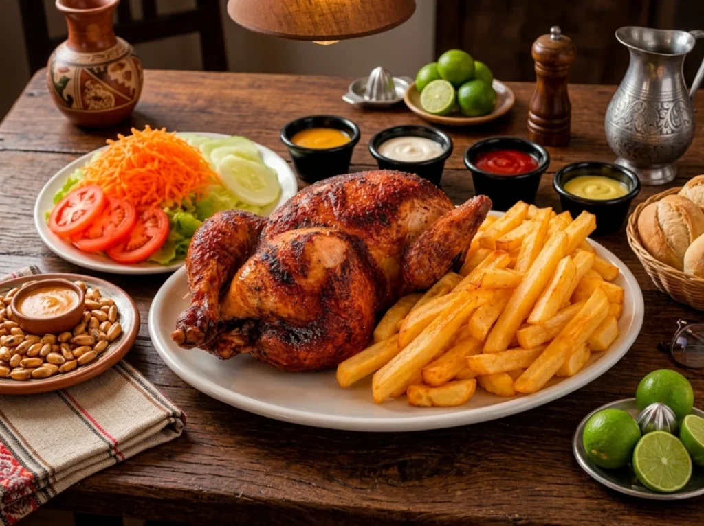 Tafel met pollo a la brasa, friet en verschillende kommetjes Peruaanse sauzen op een houten tafel.