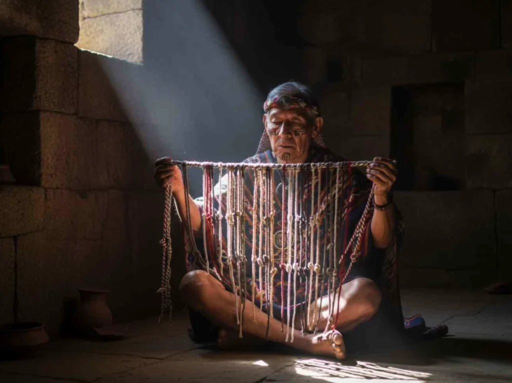 Man in Andes-kleding houdt een khipu van geknoopte touwen vast in een stenen gebouw.
