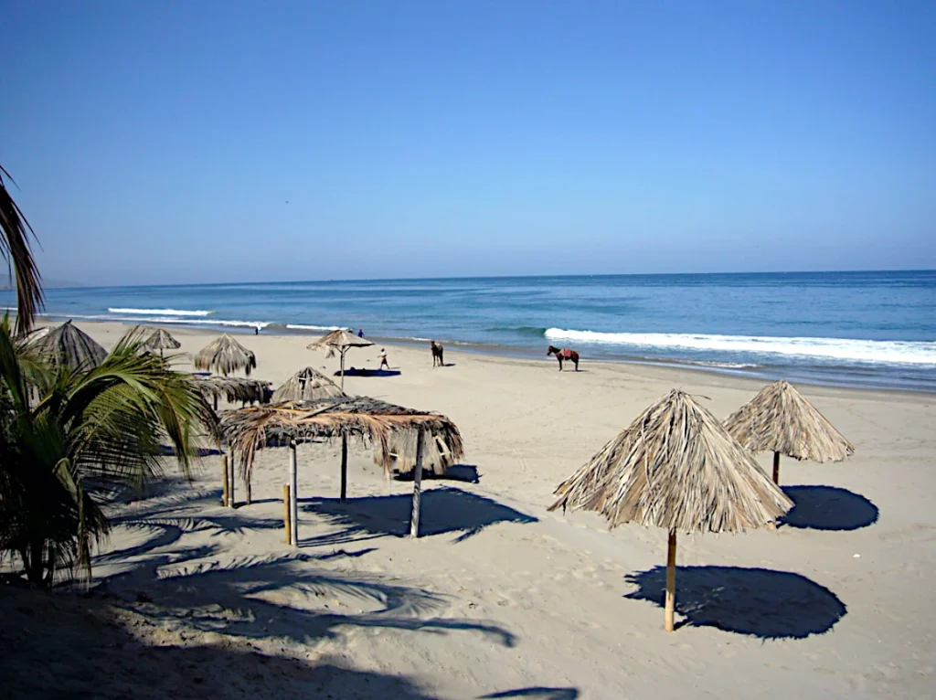 Strand in Noord-Peru met strooien parasols en paarden op het zand.